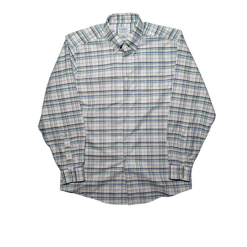L.L. Bean White/Green/Blue/Yellow Plaid Oxford Shirt Size XL 17.5-34 100% Cotton